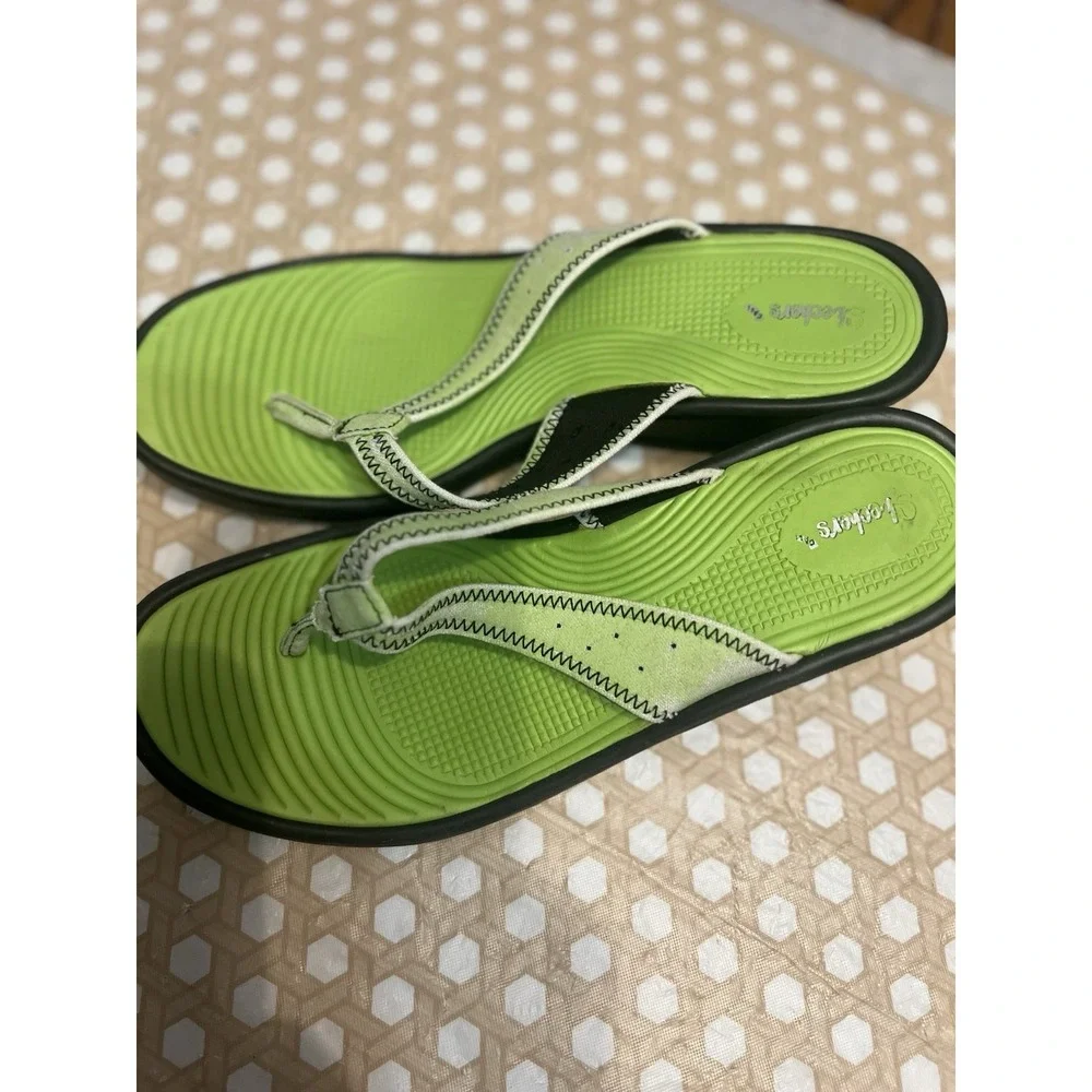 Skechers Flip Flop Wedge Sandals Black Lime Green Size‎ 10 Shoe Womens